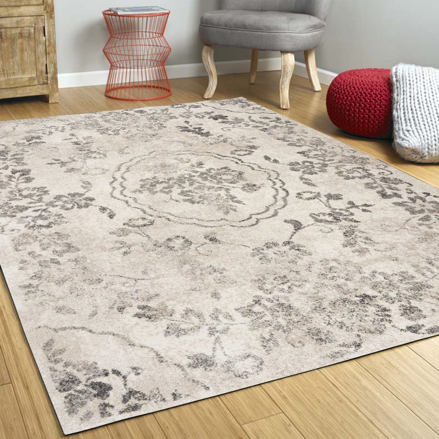 3' X 5' Grey Floral Vines Area Rug