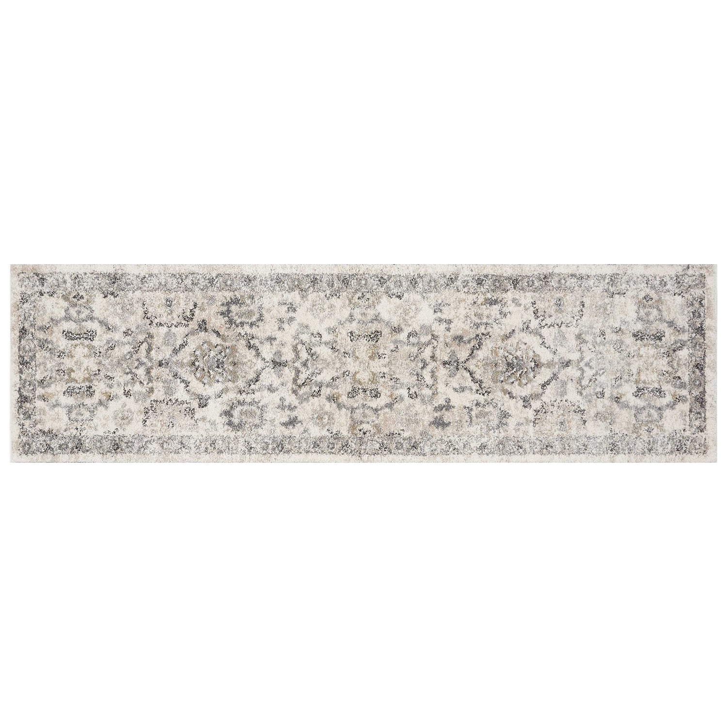 7' Ivory Machine Woven Distressed Floral Traditional Indoor Runner Rug