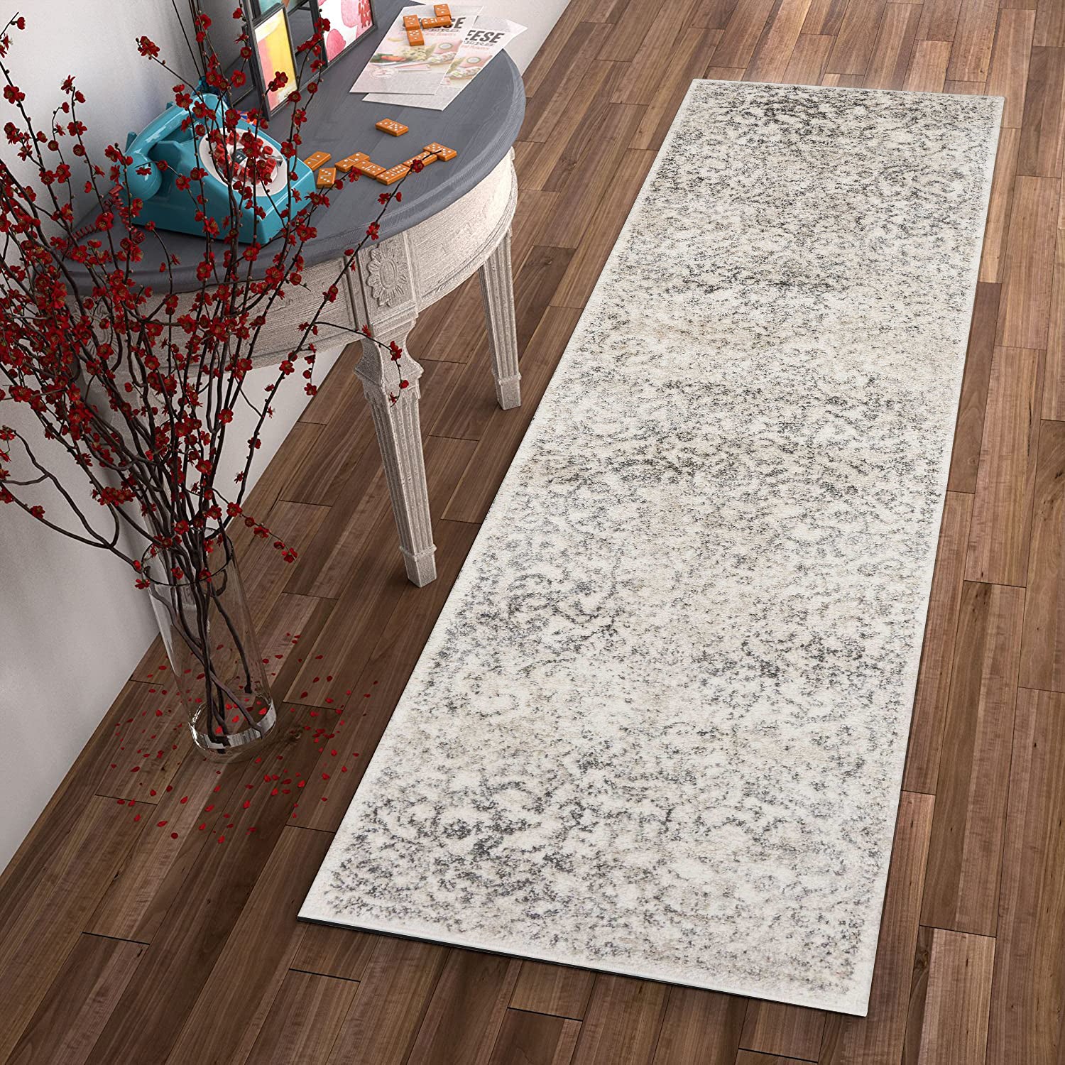 8' Ivory Floral Runner Rug