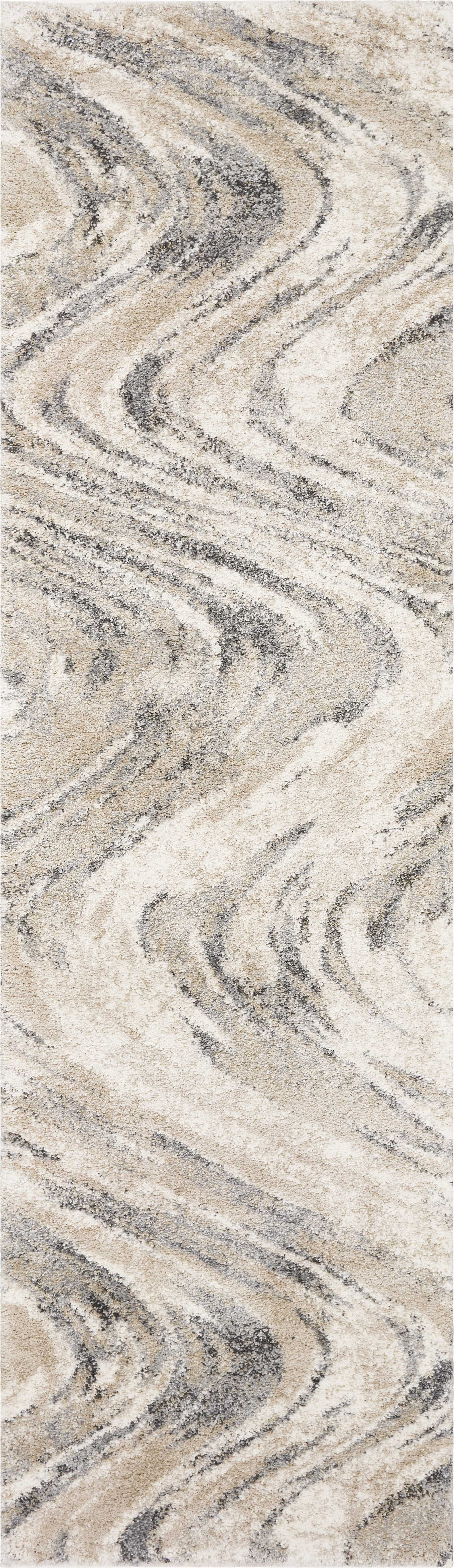 7' Natural Beige Machine Woven Abstract Waves Indoor Runner Rug