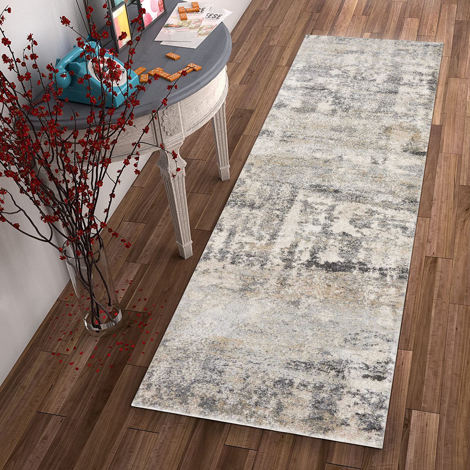 7' Natural Beige Machine Woven Abstract Brushstrokes Indoor Runner Rug