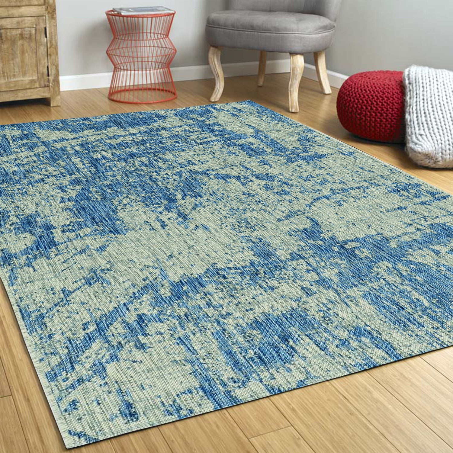 5'X7' Grey Denim Machine Woven Uv Treated Abstract Brushstroke Indoor Outdoor Area Rug