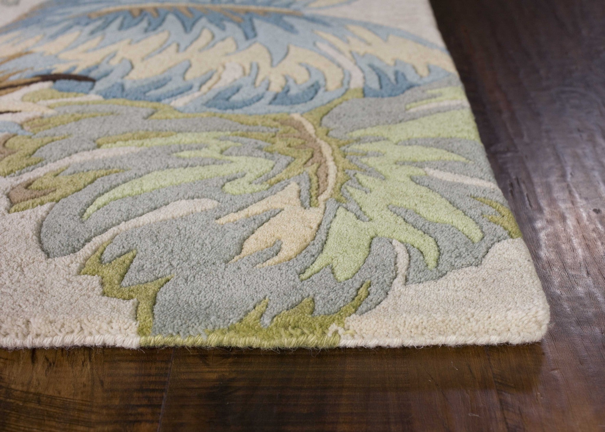 3'X4' Ivory Blue Hand Tufted Tropical Leaves Indoor Area Rug