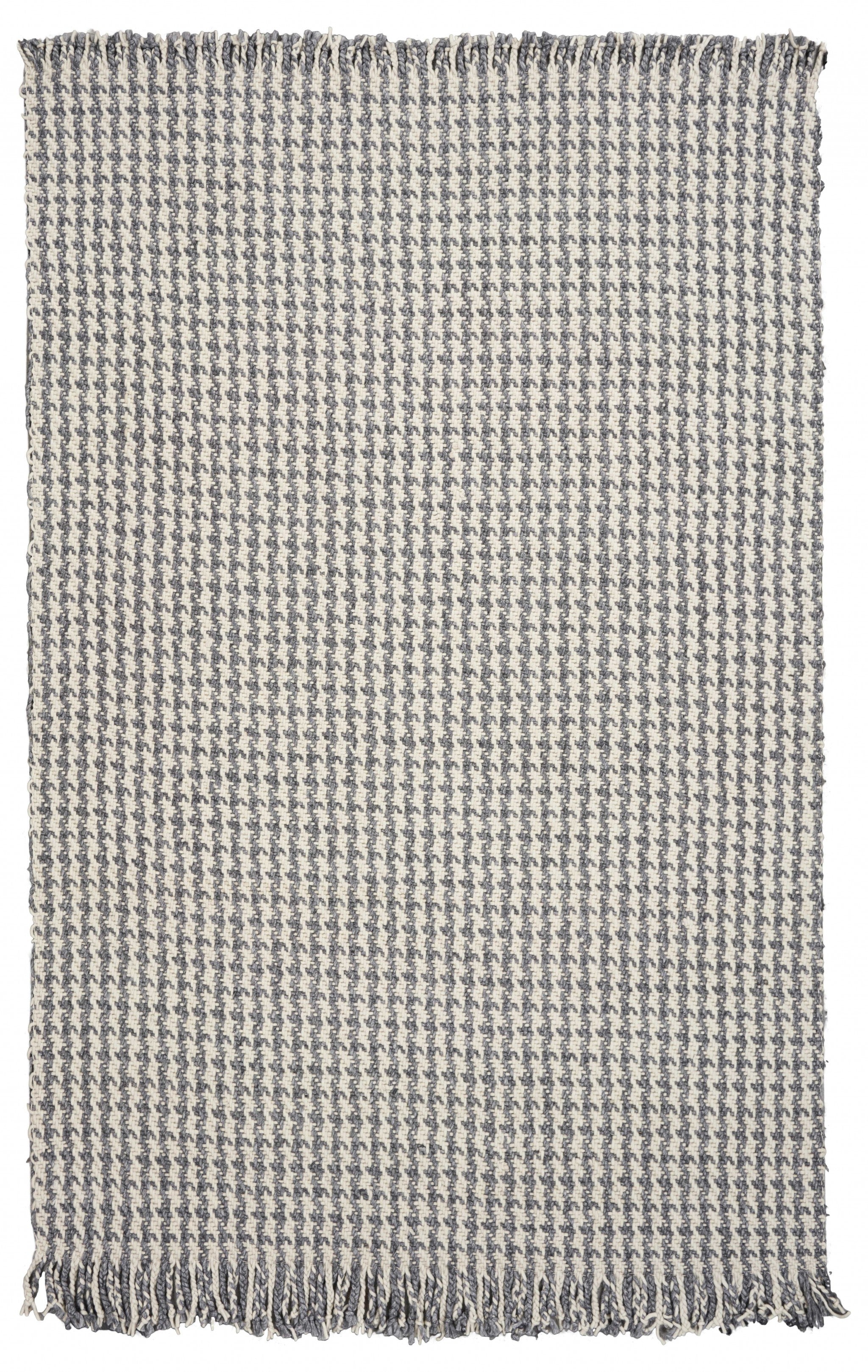 3'X5'  Ivory Grey Hand Woven Houndstooth With Braided Fringe Indoor Area Rug