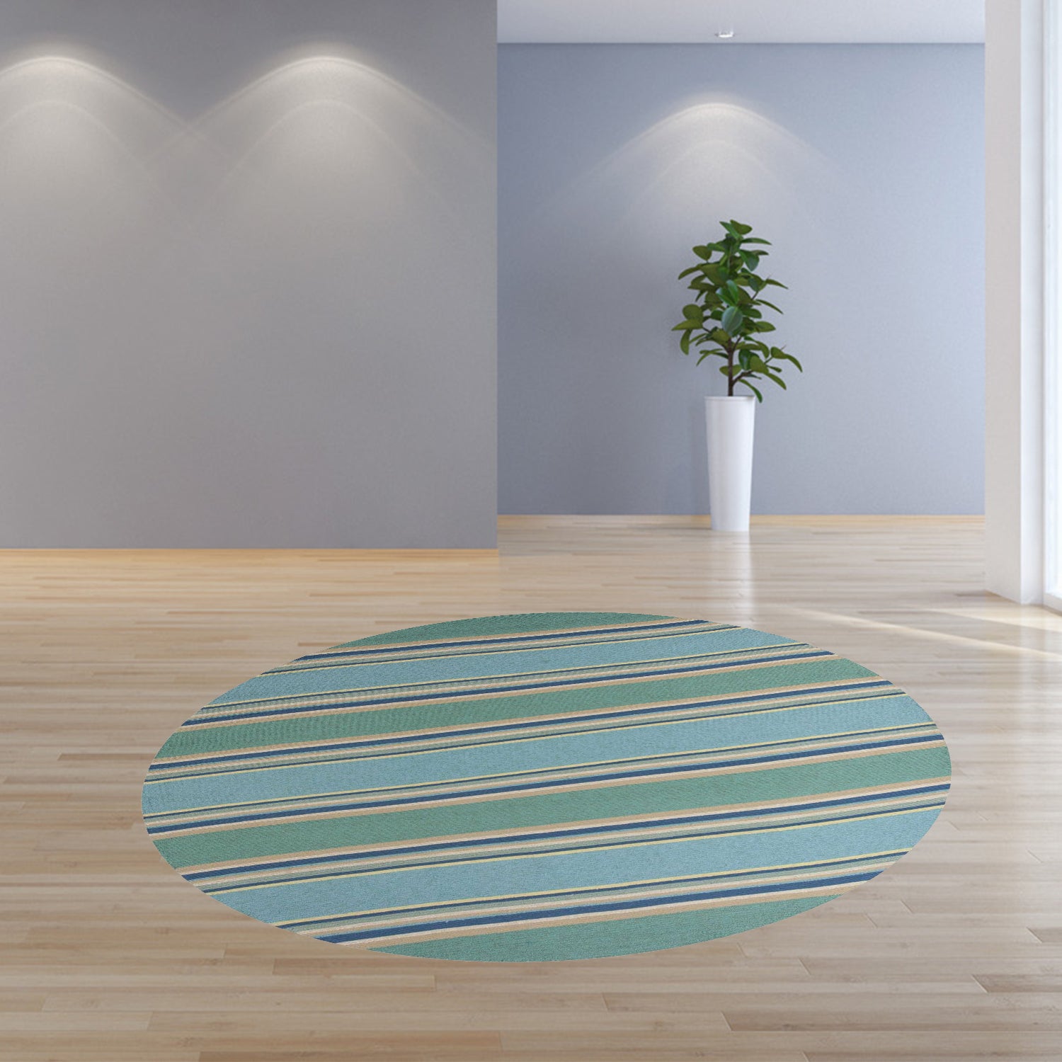 8' Ocean Blue Hand Hooked Uv Treated Awning Stripes Round Indoor Outdoor Area Rug