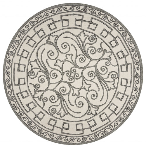 8' Ivory Grey Hand Woven Uv Treated Greek Key Medallion Round Indoor Outdoor Area Rug