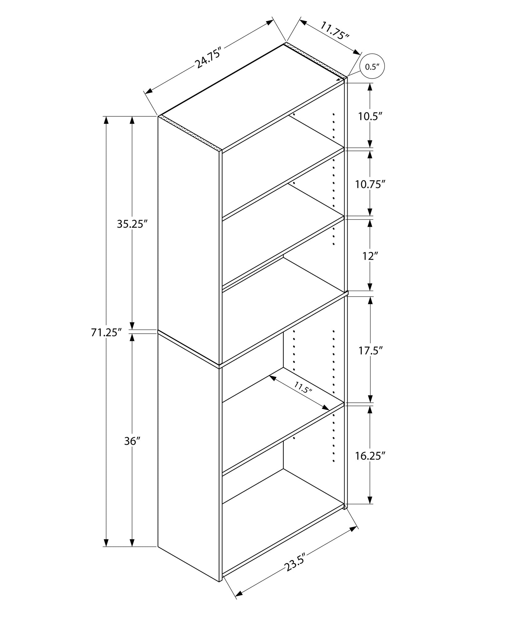 11.75" X 24.75" X 71.25" Cappuccino 5 Shelves  Bookcase