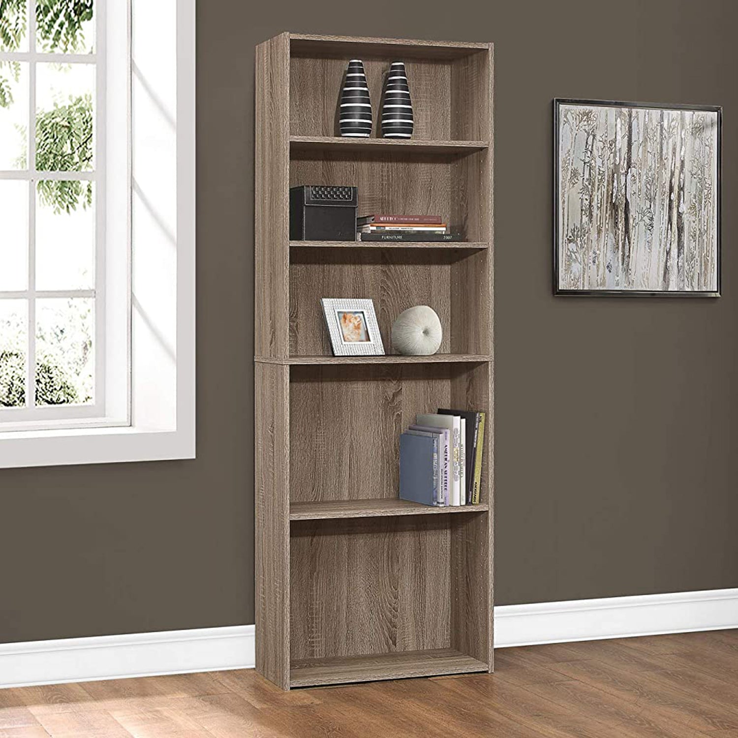 71" Taupe Adjustable Five Tier Standard Bookcase