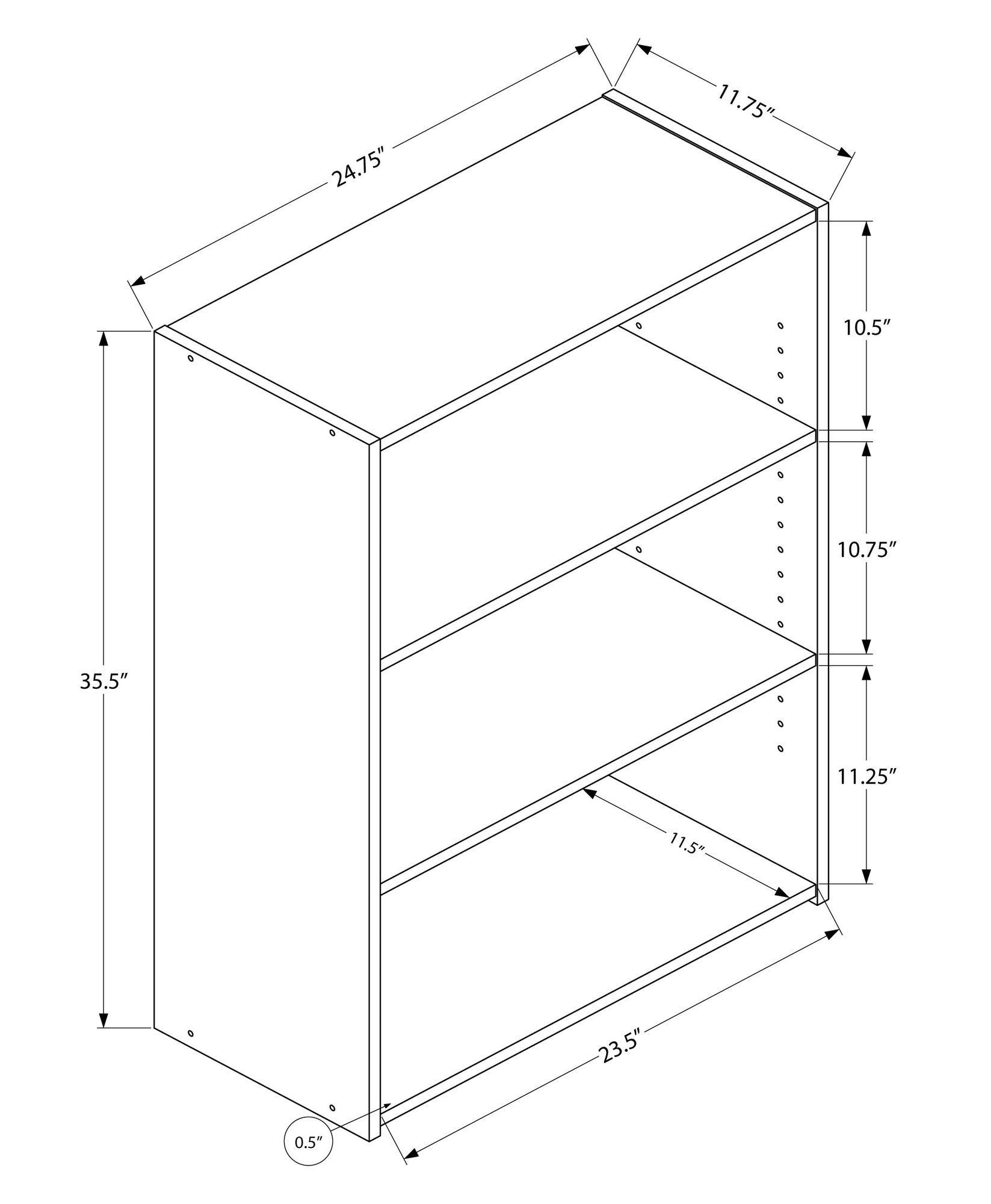 36" Brown Adjustable Three Tier Standard Bookcase