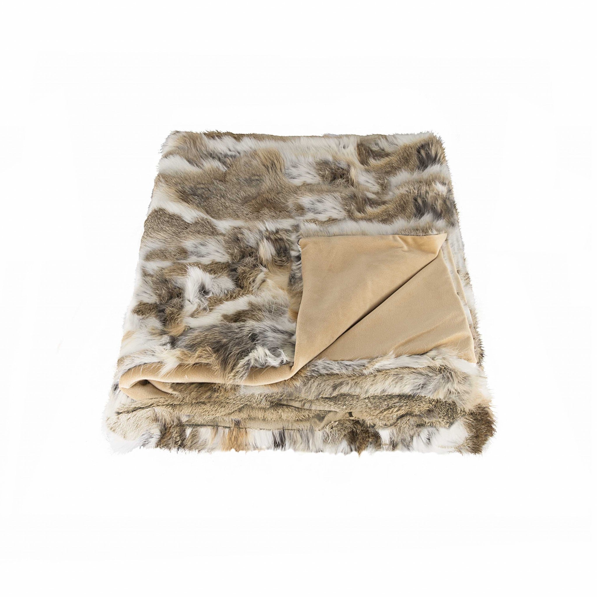 2" X 50" X 60" 100% Natural Rabbit Fur Tan And White Throw Blanket