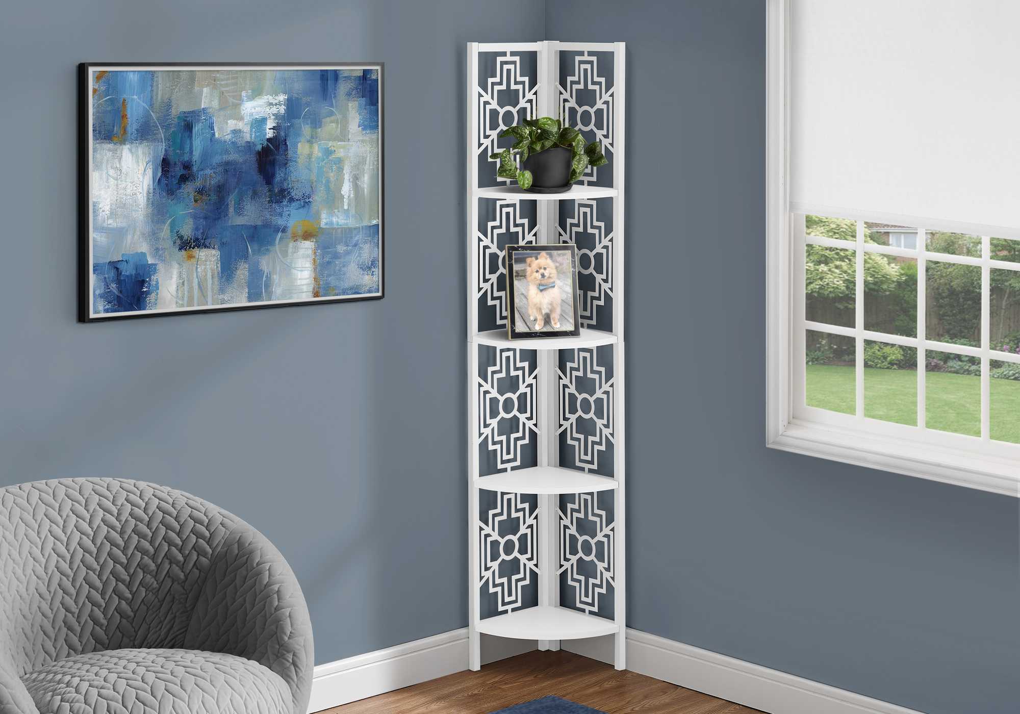 62" White Metal Four Tier Corner Bookcase