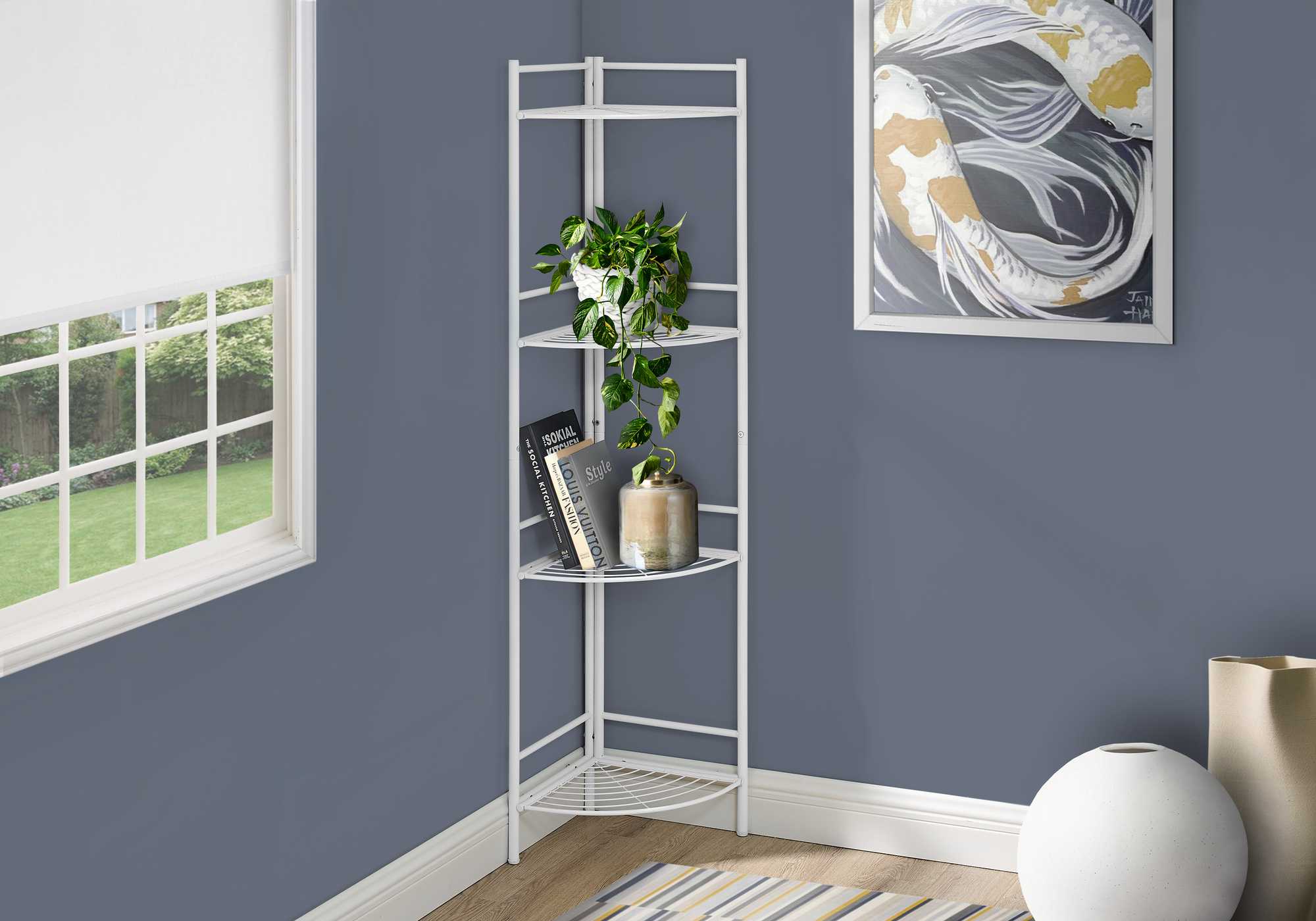 58" White Metal Four Tier Corner Bookcase