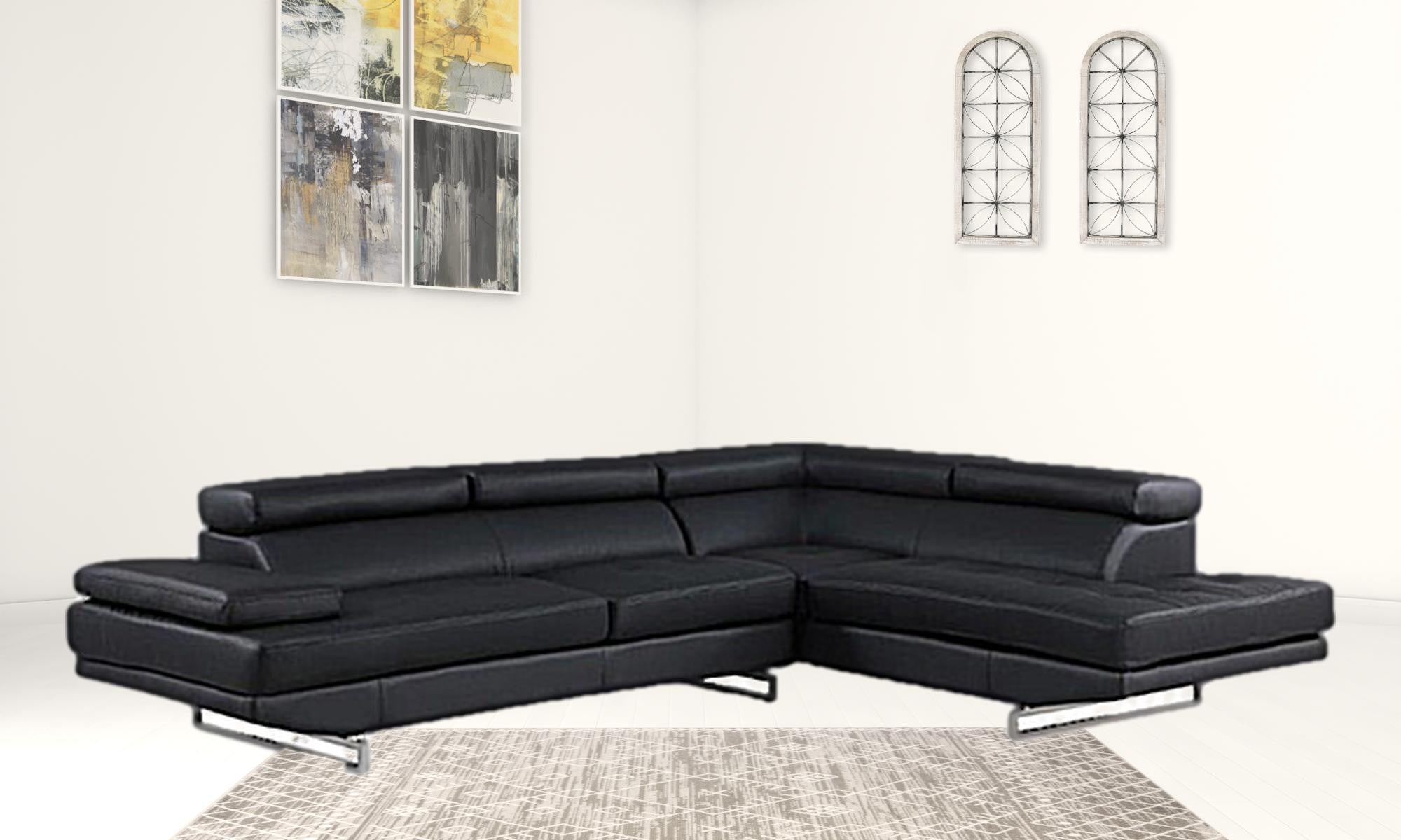 Black Leather L Shaped Two Piece Corner Sectional