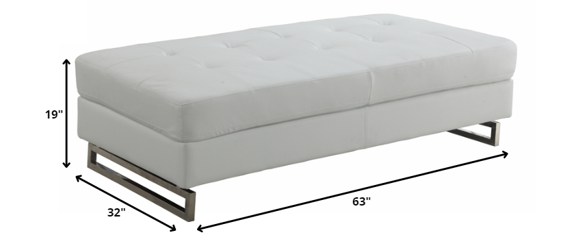 63" White Faux Leather And Silver Ottoman