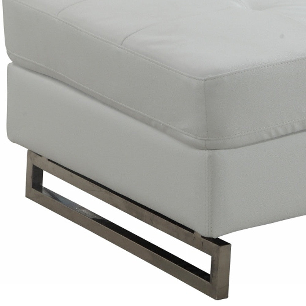 63" White Faux Leather And Silver Ottoman