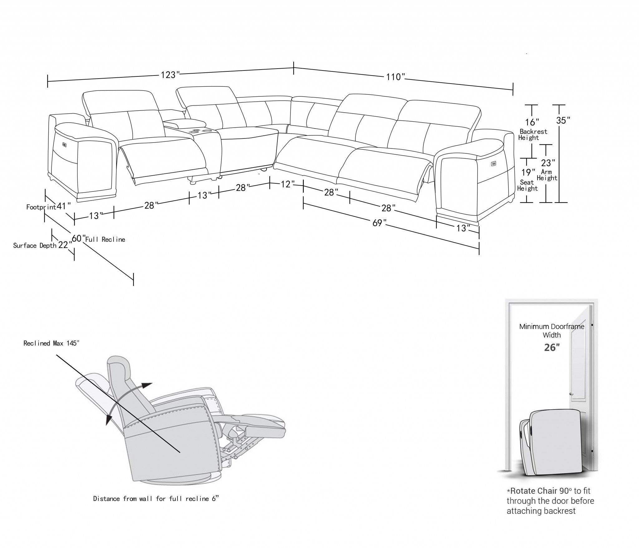 Camel Italian Leather Power Reclining U Shaped Six Piece Corner Sectional With Console