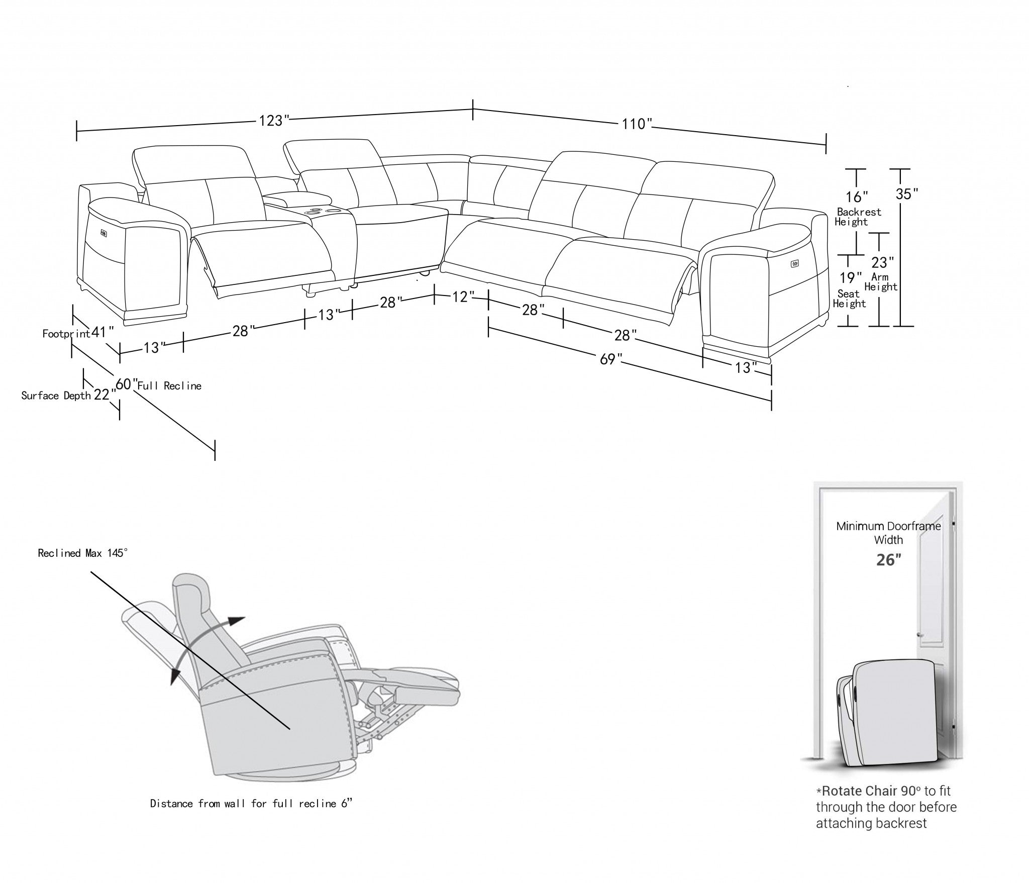 White Italian Leather Power Reclining L Shaped Corner Sectional