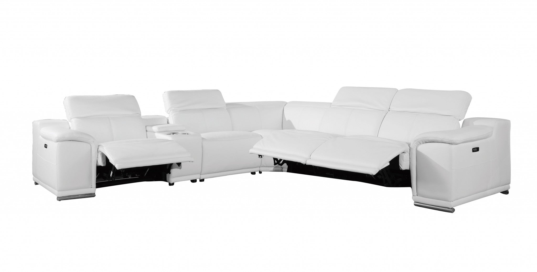 White Italian Leather Power Reclining L Shaped Corner Sectional