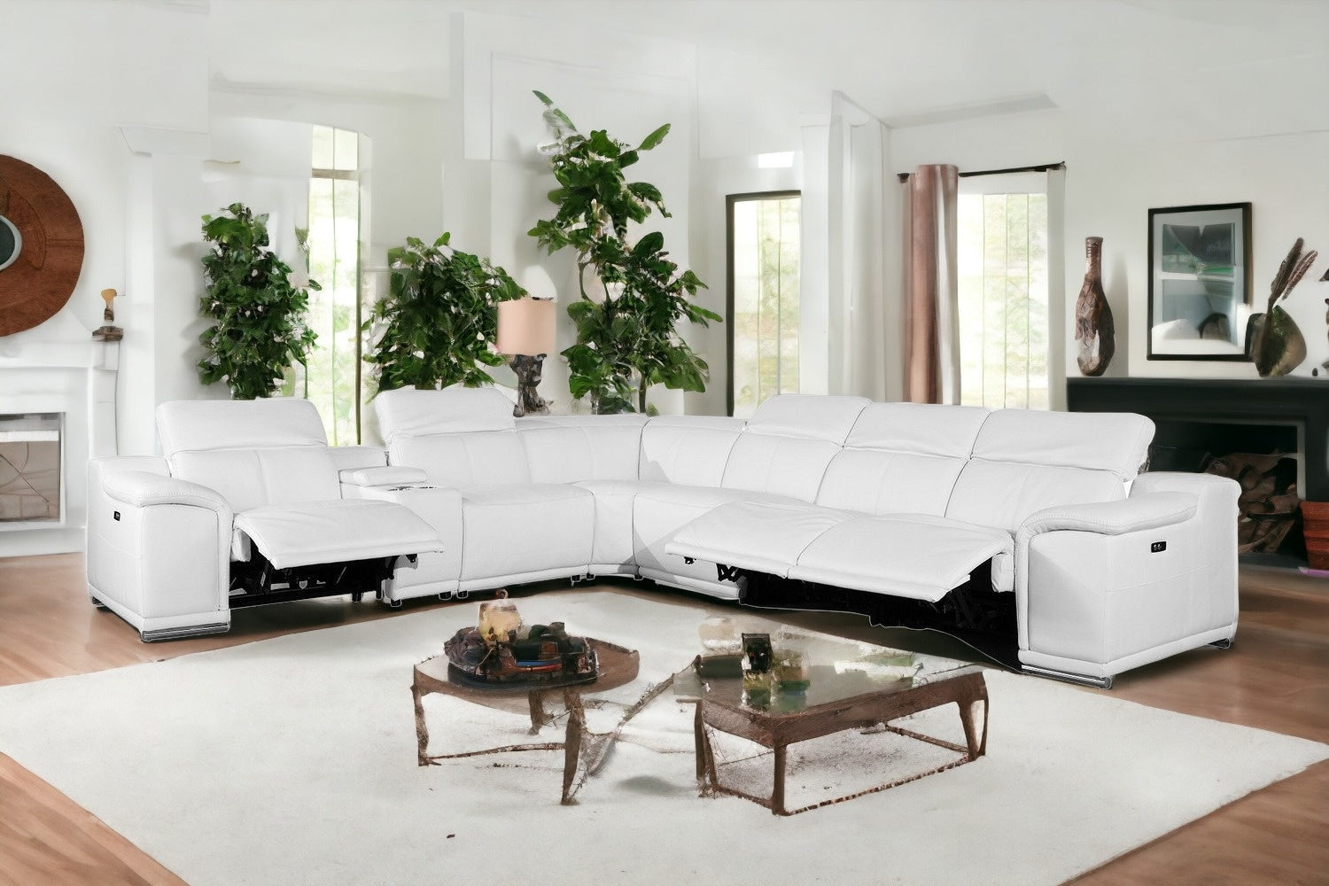 White Italian Leather Power Reclining U Shaped Seven Piece Corner Sectional With Console