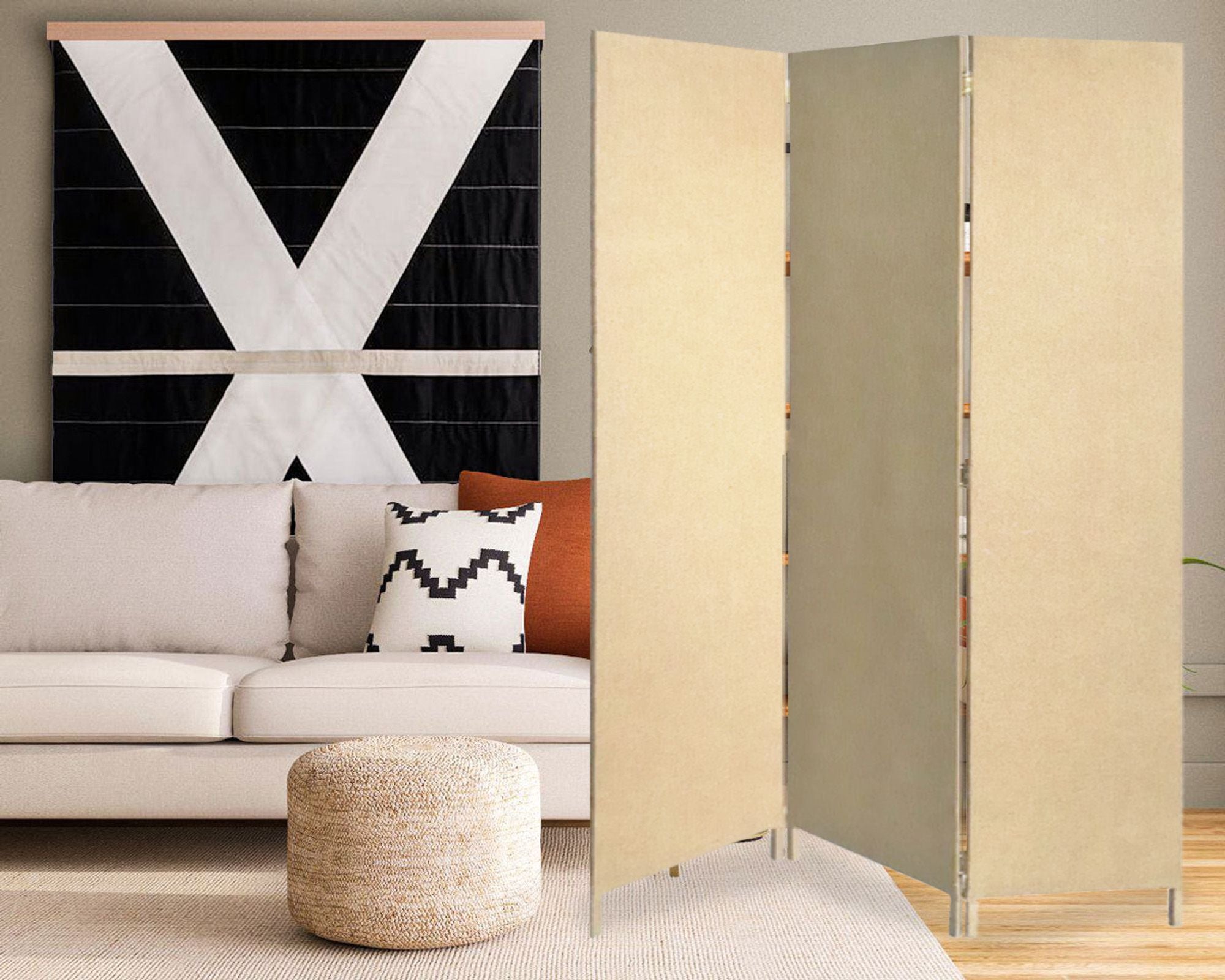 Beige Upholstered 3 Panel Room Divider Screen