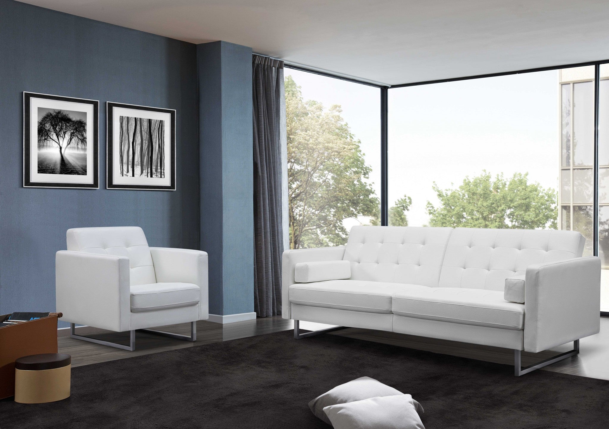 80" White Faux leather and Silver Sofa