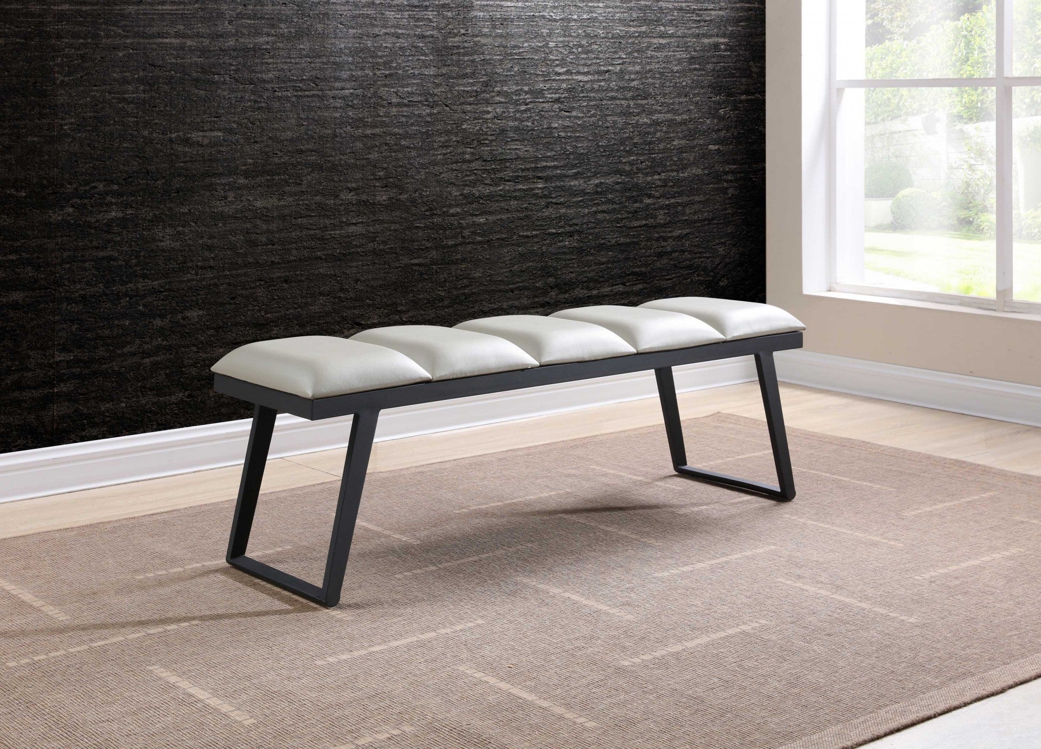 57" Pale Grey Faux Leather and Black Bench