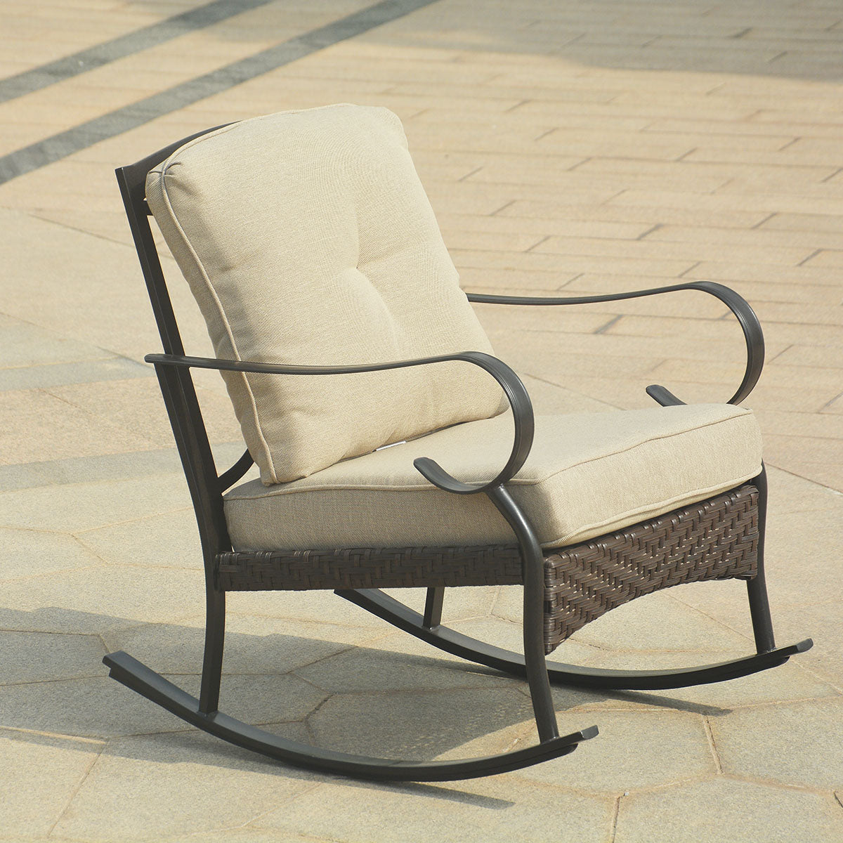 25" X 33" X 34" Black Steel Patio Rocking Chair With Beige Cushions