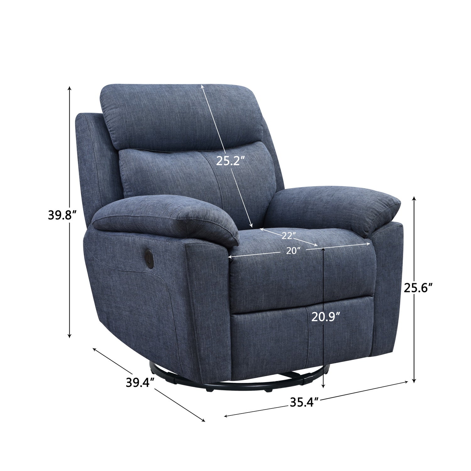 35.43" X 39.37" X 39.8" Blue Fabric Glider & Swivel Power Recliner With Usb Port