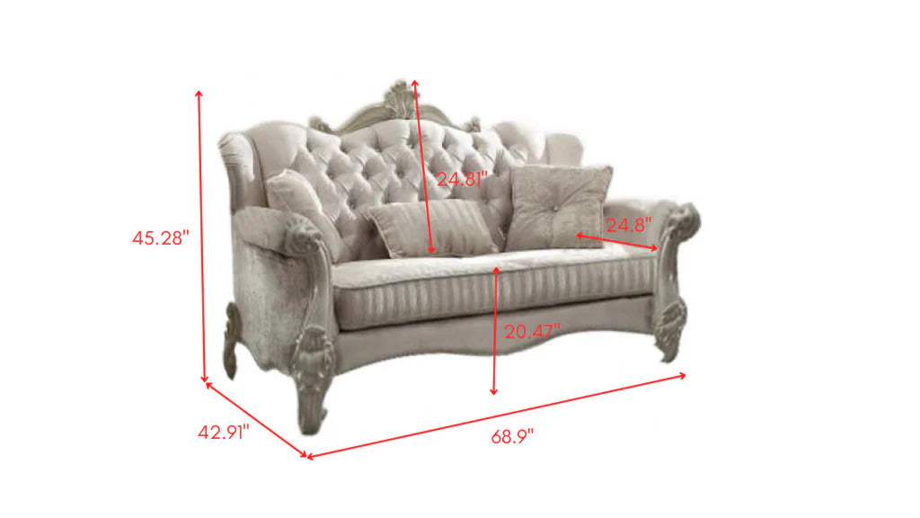 69" X 43" X 45" Ivory Velvet Loveseat W3 Pillows