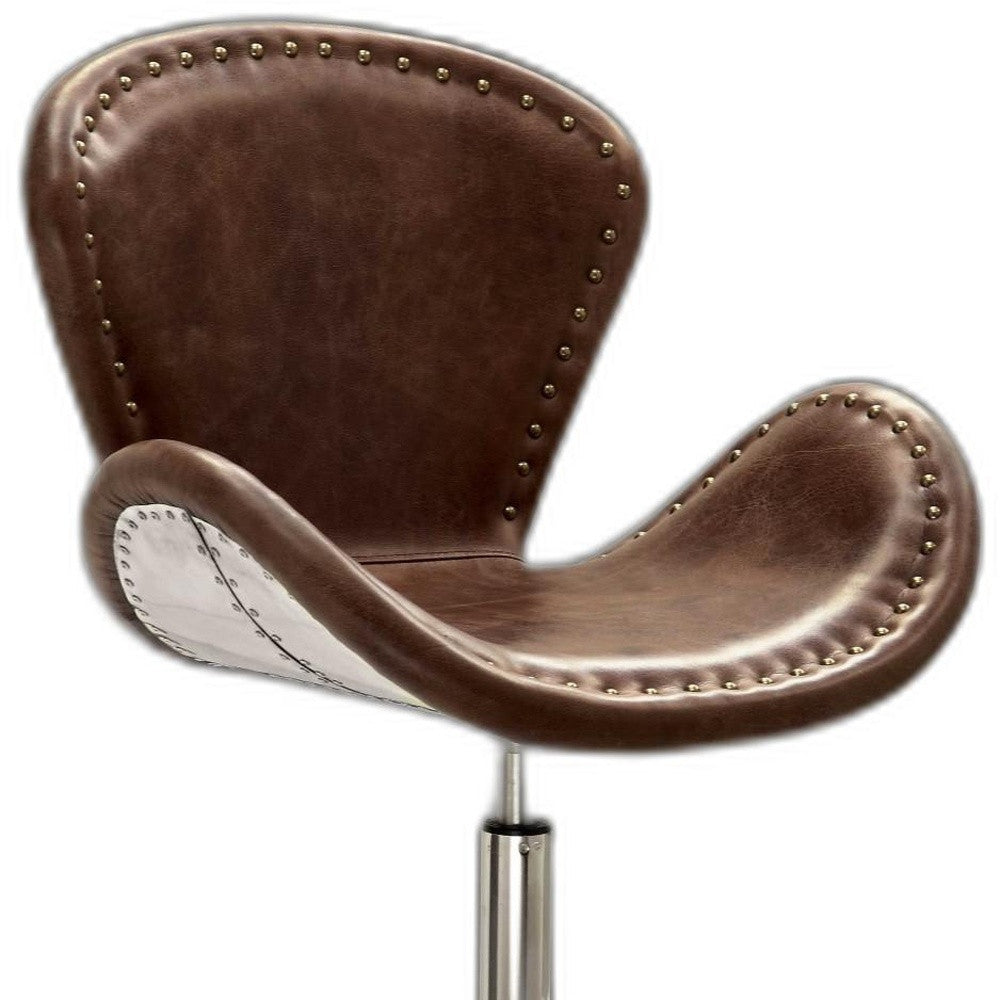 25" Brown And Silver Faux Leather Distressed Swivel Side Chair