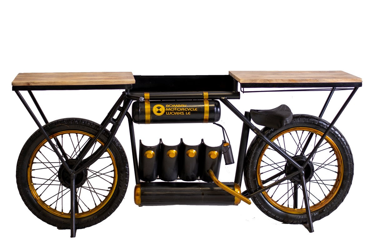 Black And Gold  Metal Mango Wood Bike Bar Counter