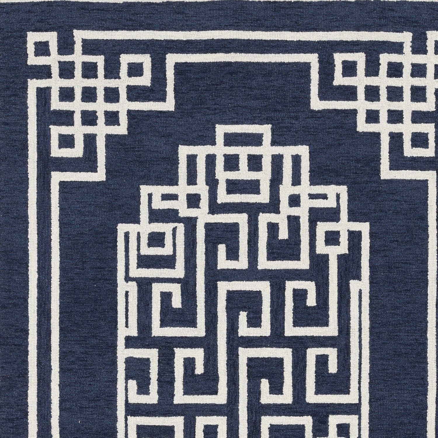 5'X7' Navy Blue Ivory Hand Tufted Bordered Greek Key Indoor Area Rug