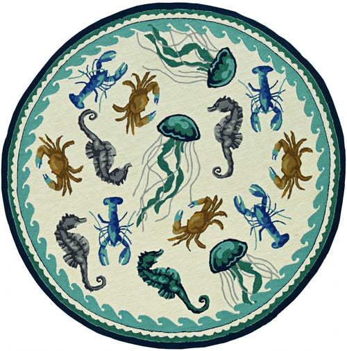 5' X 7' Ivory Or Teal Sea Creatures Indoor Outdoor Area Rug