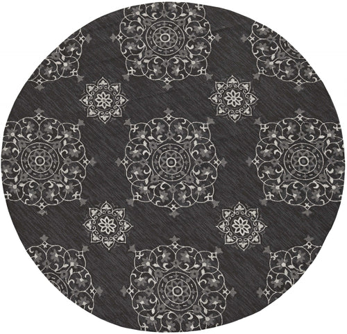 5'X8' Charcoal Grey Hand Woven Uv Treated Floral Disk Indoor Outdoor Area Rug