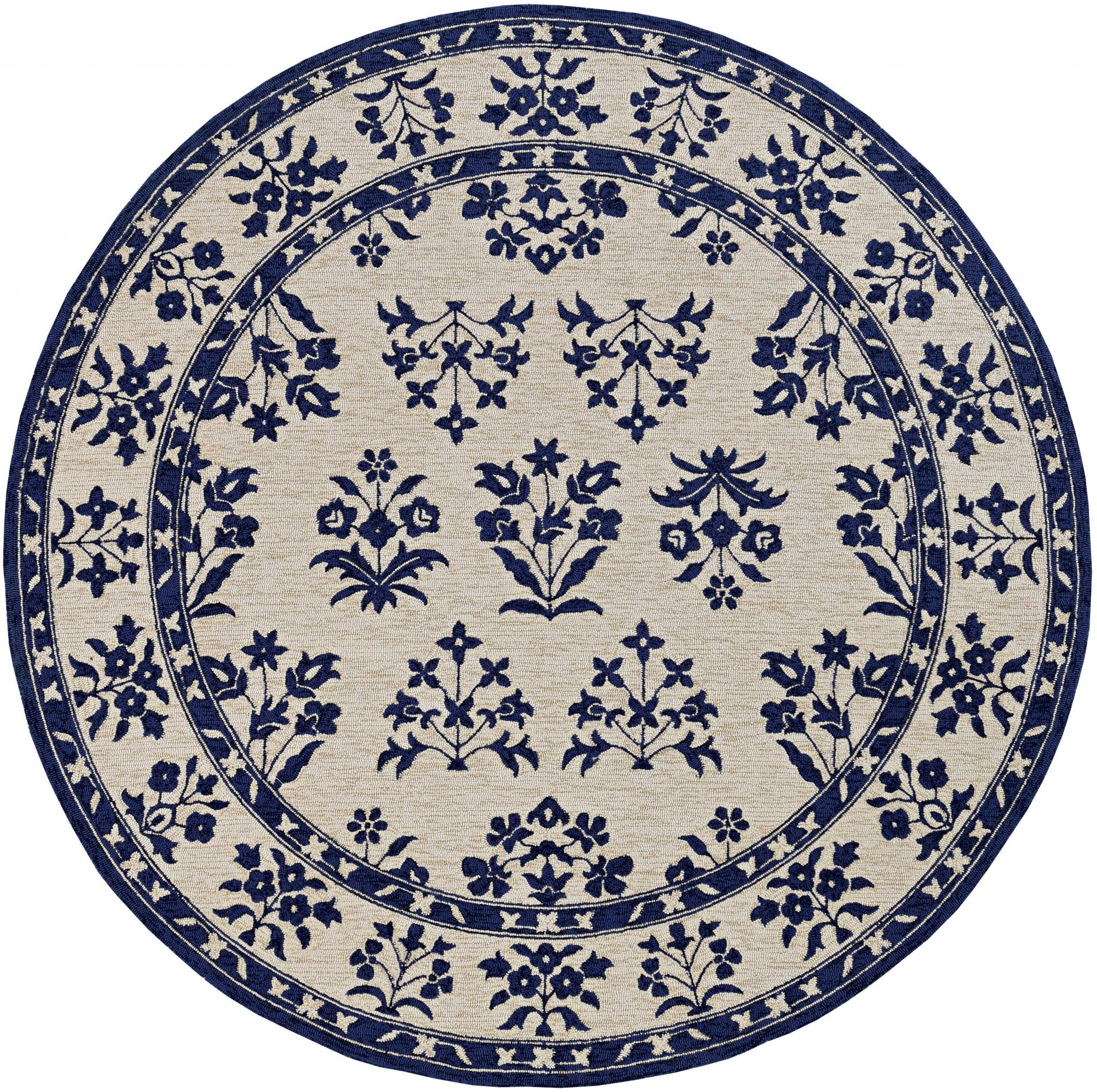 3'X5' Sand Blue Hand Hooked Uv Treated Traditional Floral Design Indoor Outdoor Rug