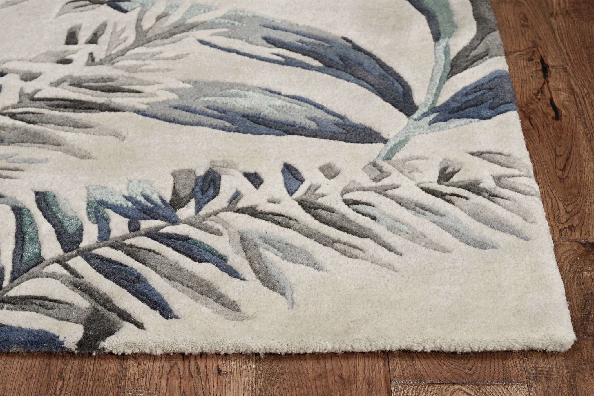 8' Grey Blue Hand Tufted Tropical Leaves Indoor Runner Rug