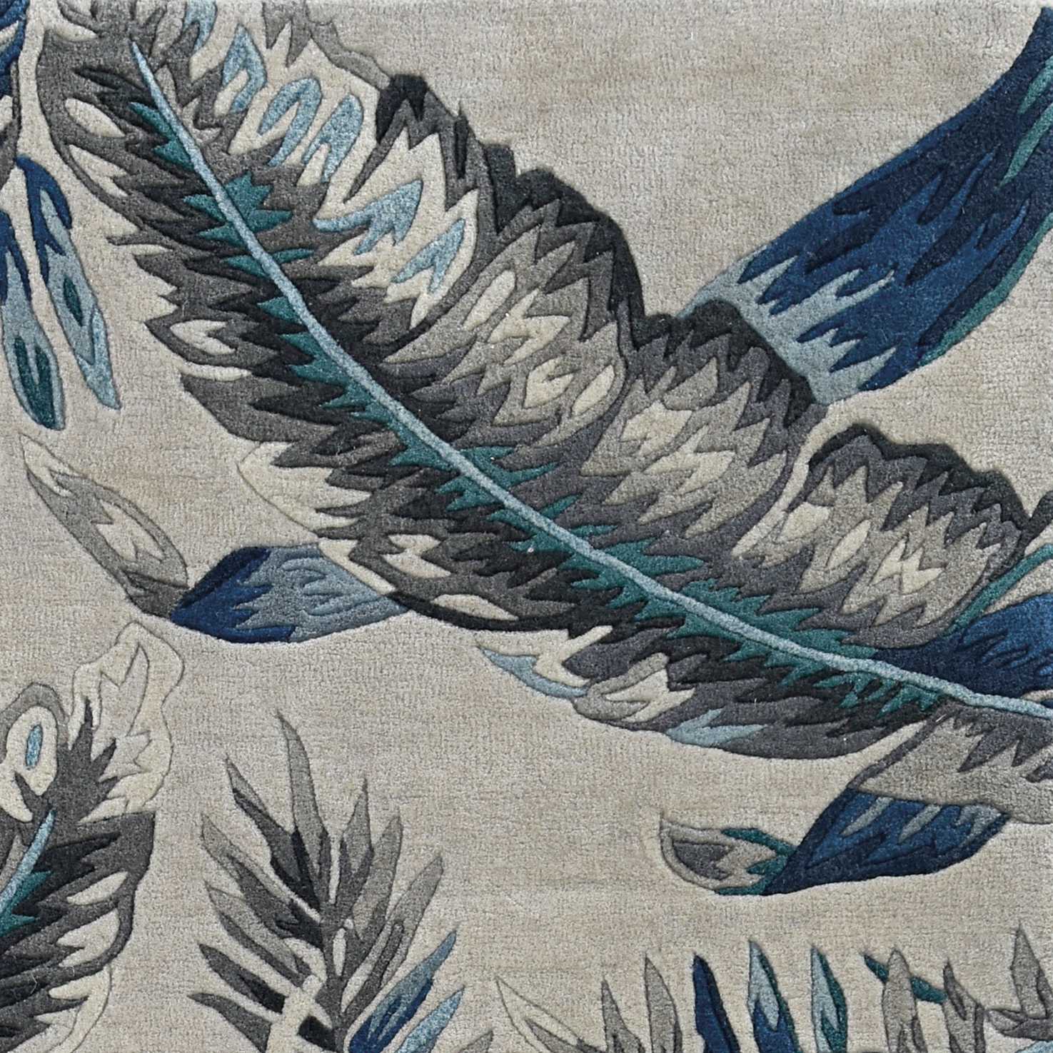 8' Grey Blue Hand Tufted Tropical Leaves Indoor Runner Rug