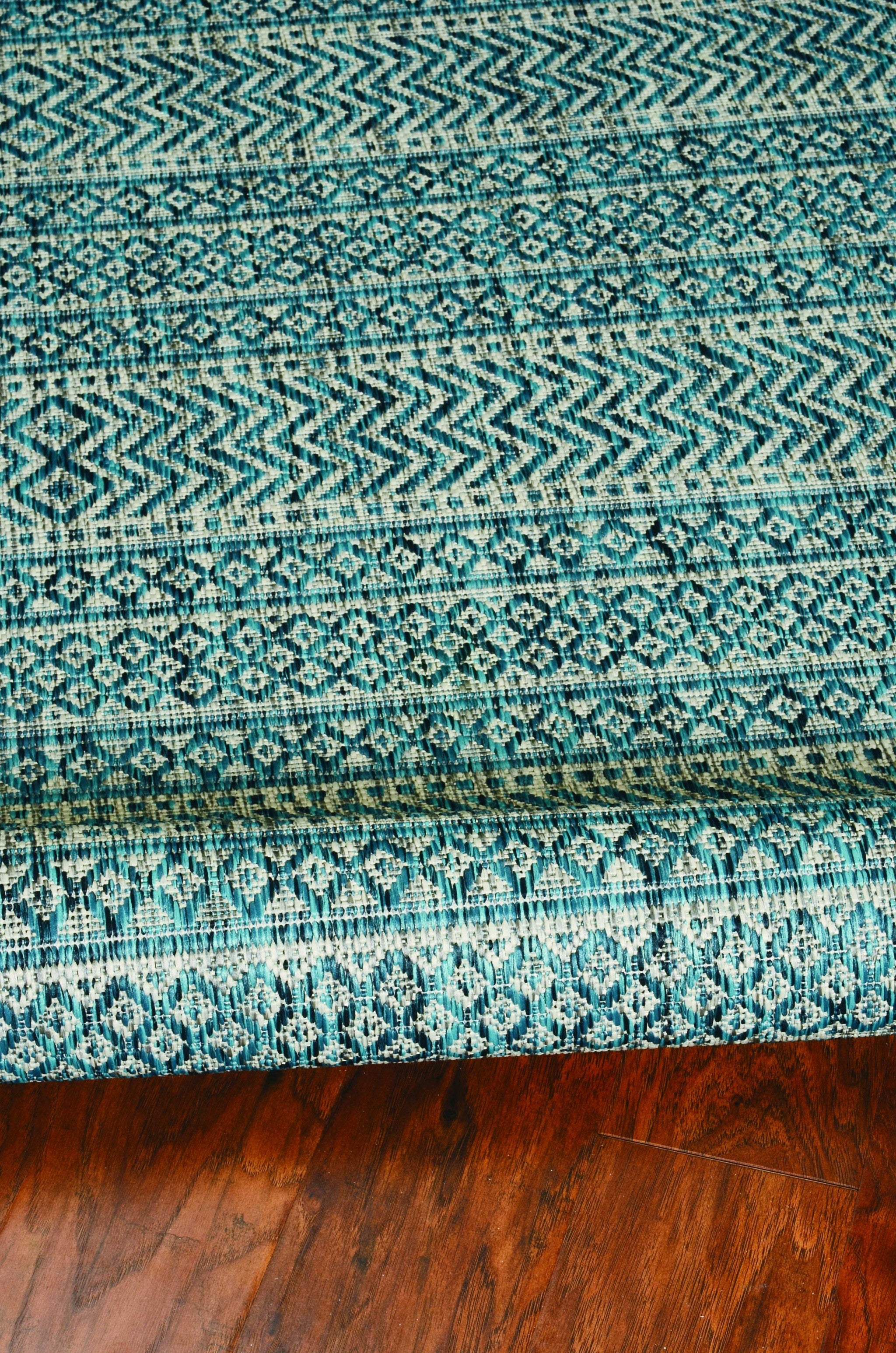 3'X5' Teal Machine Woven Uv Treated Tribal Indoor Outdoor Area Rug