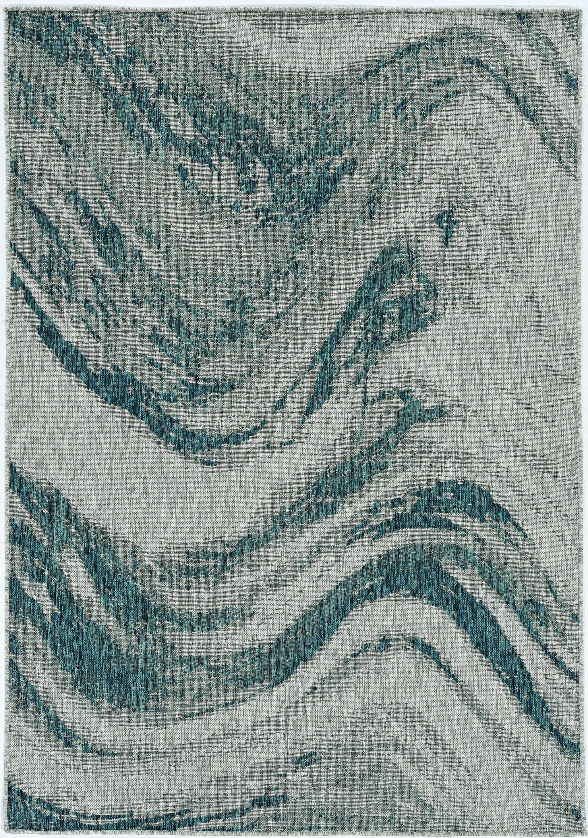 8'X11' Grey Teal Machine Woven Uv Treated Abstract Waves Indoor Outdoor Area Rug