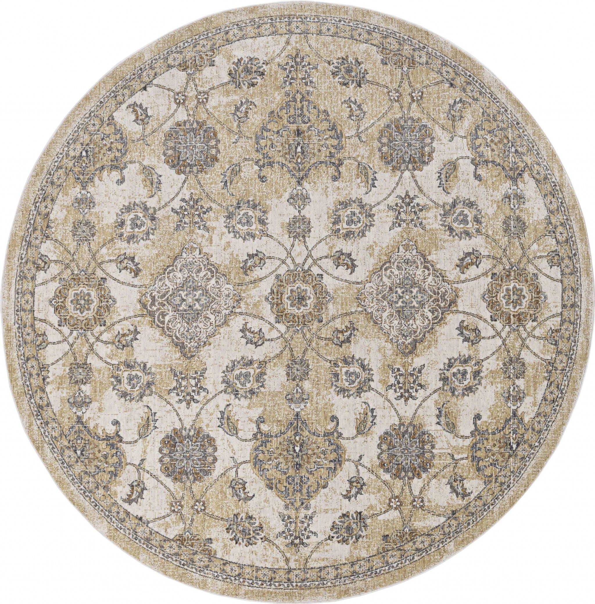 8'X11' Ivory Sand Machine Woven Bordered Floral Vines Indoor Area Rug