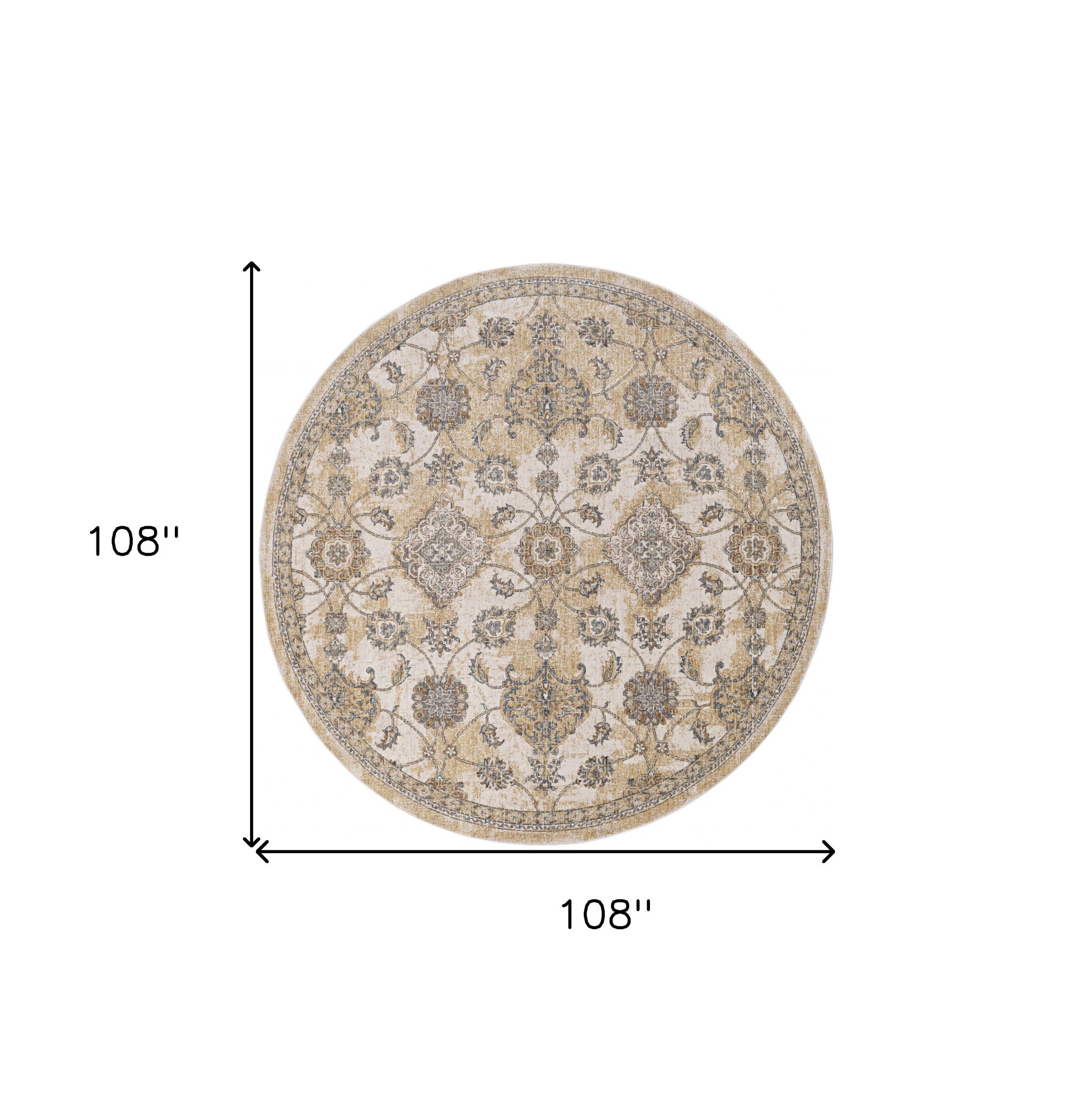 9' Ivory Sand Machine Woven Bordered Floral Vines Round Indoor Area Rug