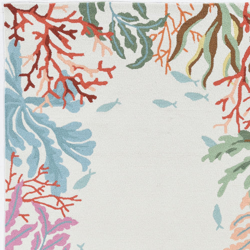 8'X10' Ivory Hand Hooked Bordered Coral Reef Indoor Area Rug