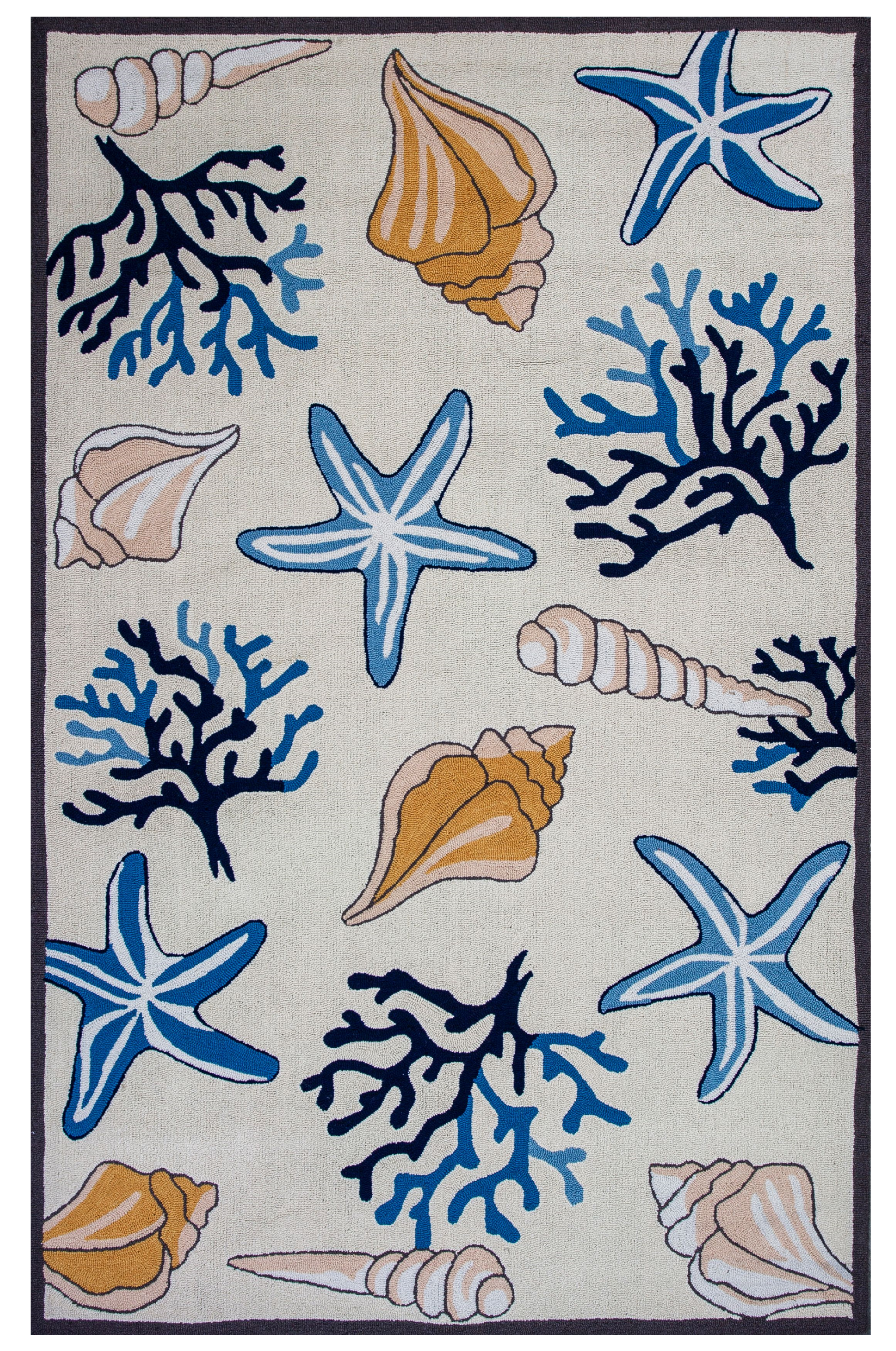 3'X5' Ivory Hand Hooked Sea Corals And Shells Indoor Area Rug