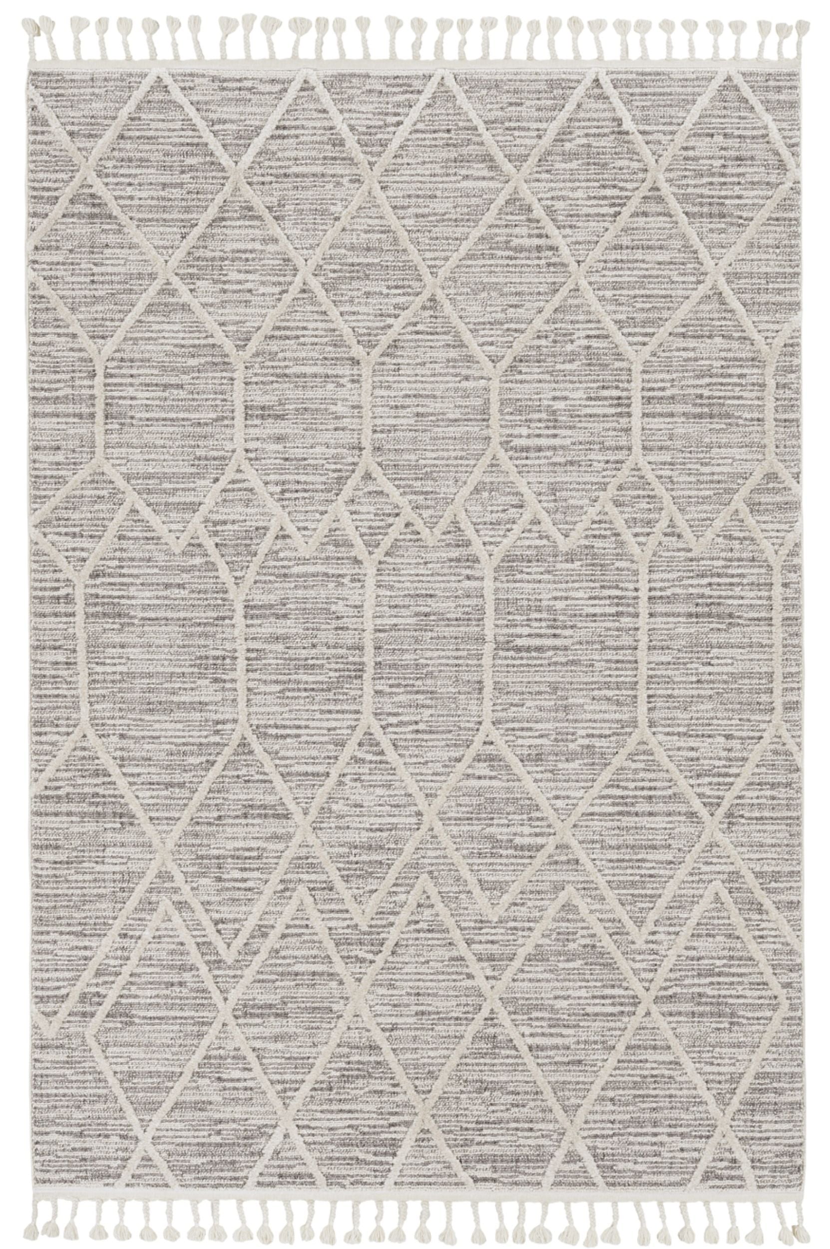 5'X8' Ivory Grey Machine Woven Abstract With Fringe Indoor Area Rug