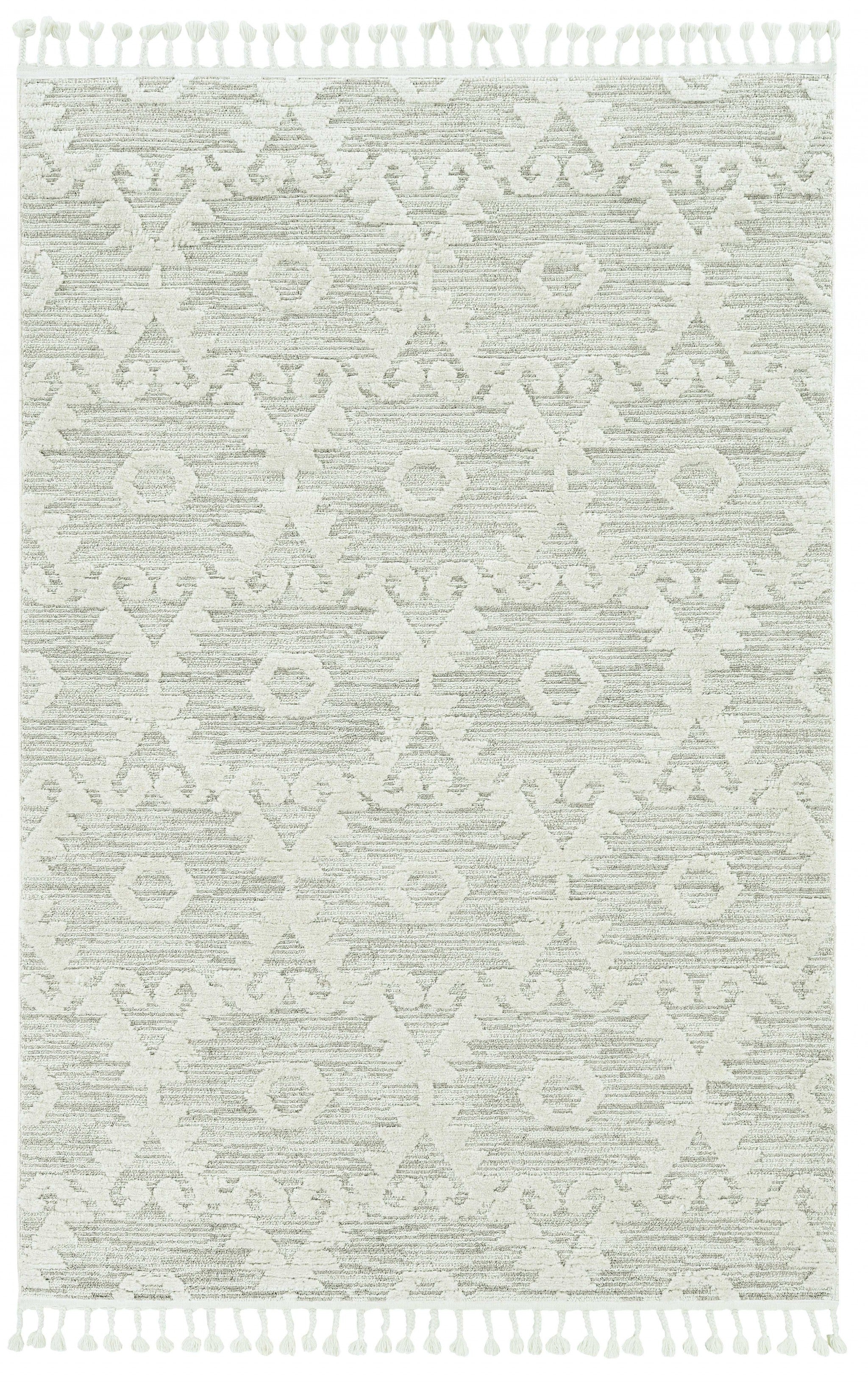 5' X 8' Ivory Or Beige Geometric Diamond Indoor Area Rug With Fringe