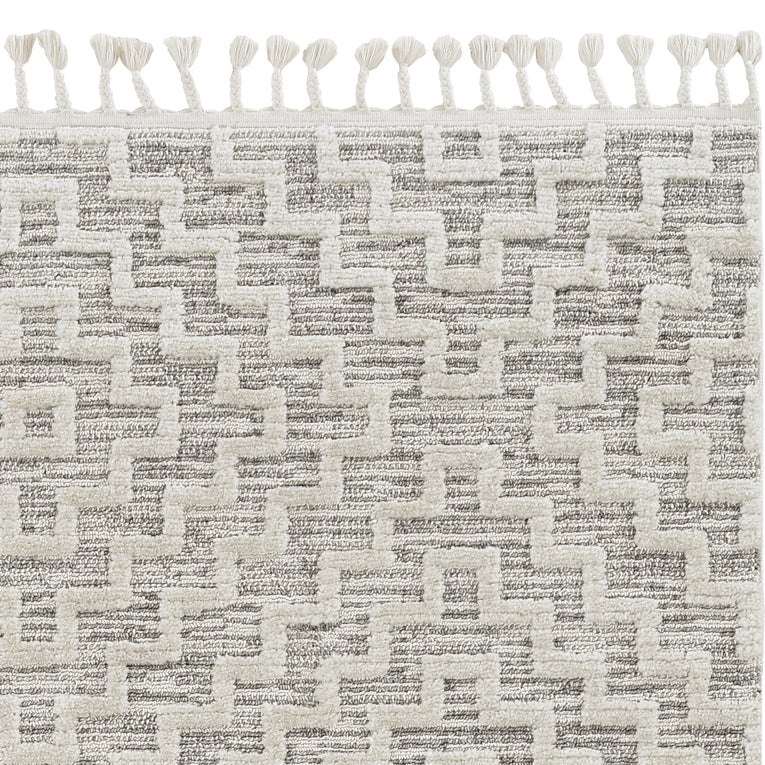 3' X 5' Ivory Grey Zigzag Diamonds Area Rug With Fringe