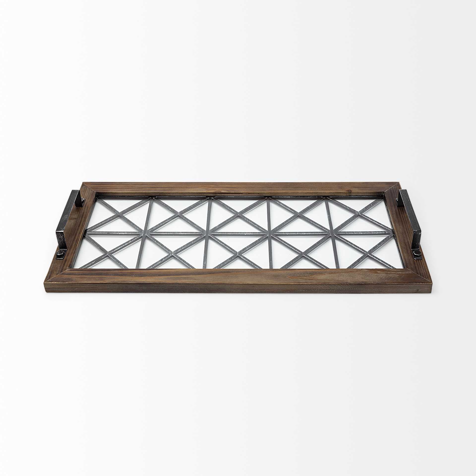 Brown Wood With Geometrically Metal Frame And Glass  Bottom Tray