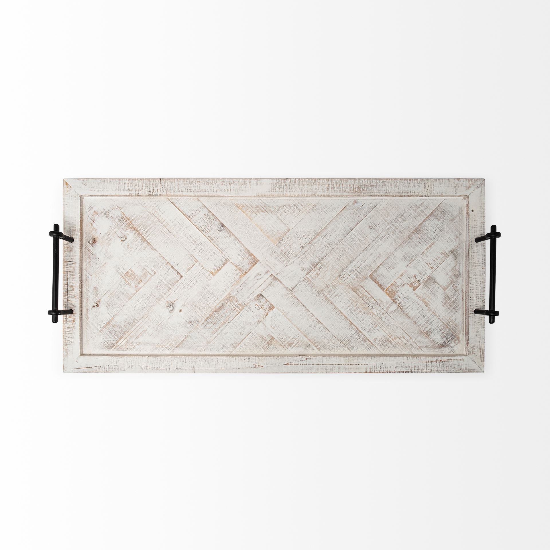 Whitewashed Tone Wood With Herringbone Pattern With Metal Raised Edges Tray