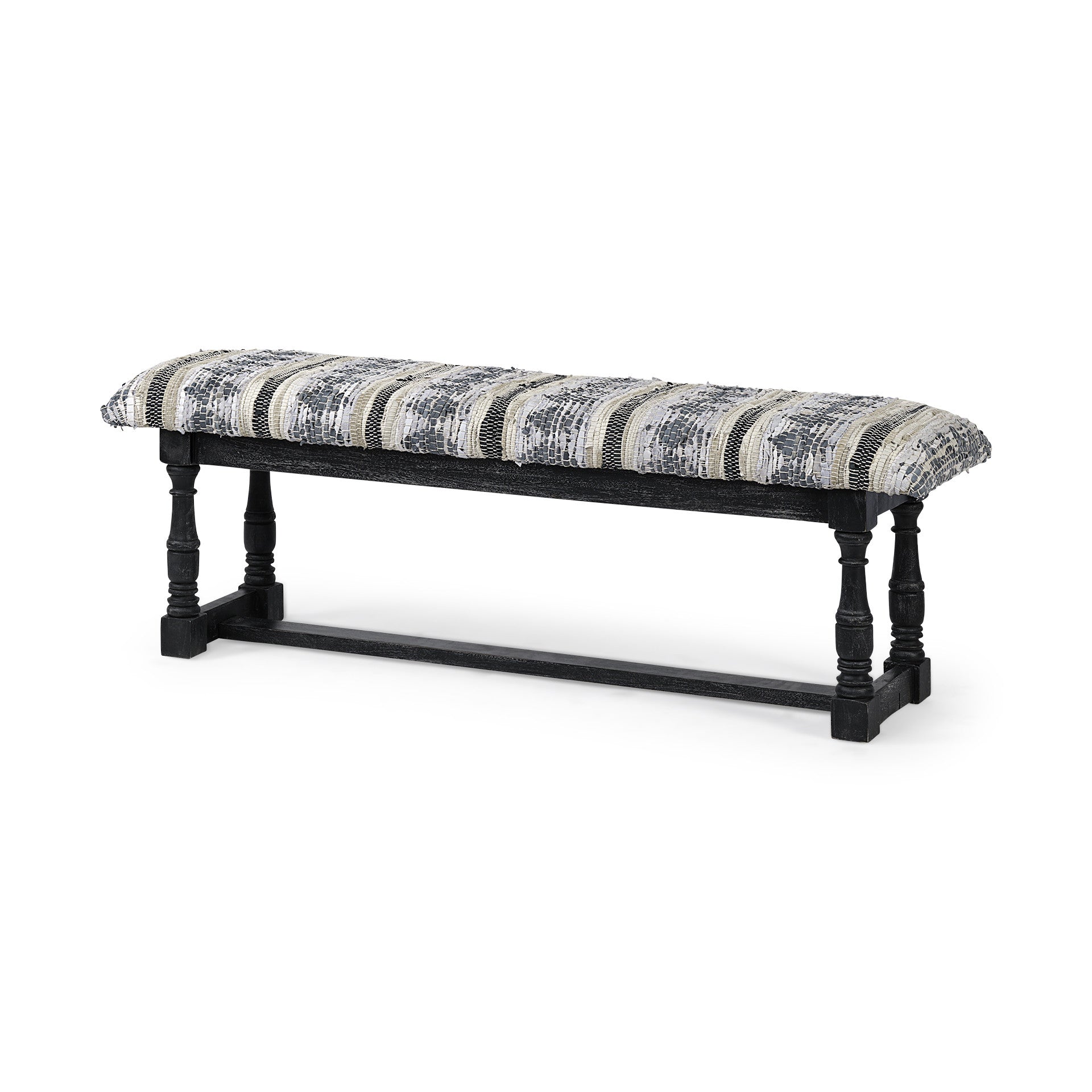 15" Off White And Black Upholstered Faux Leather Bench