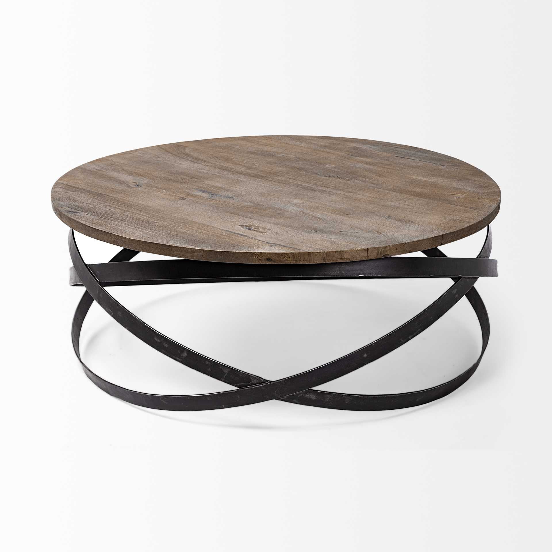 40.5" Round Solid Wood Top Black Metal Base Coffee Table